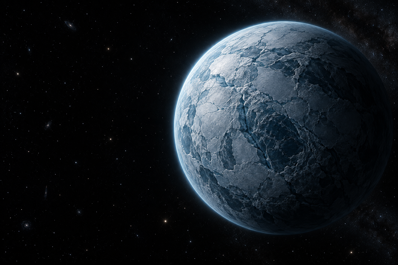 Artist's impression of icebound Tiåmåt drifting through interstellar space