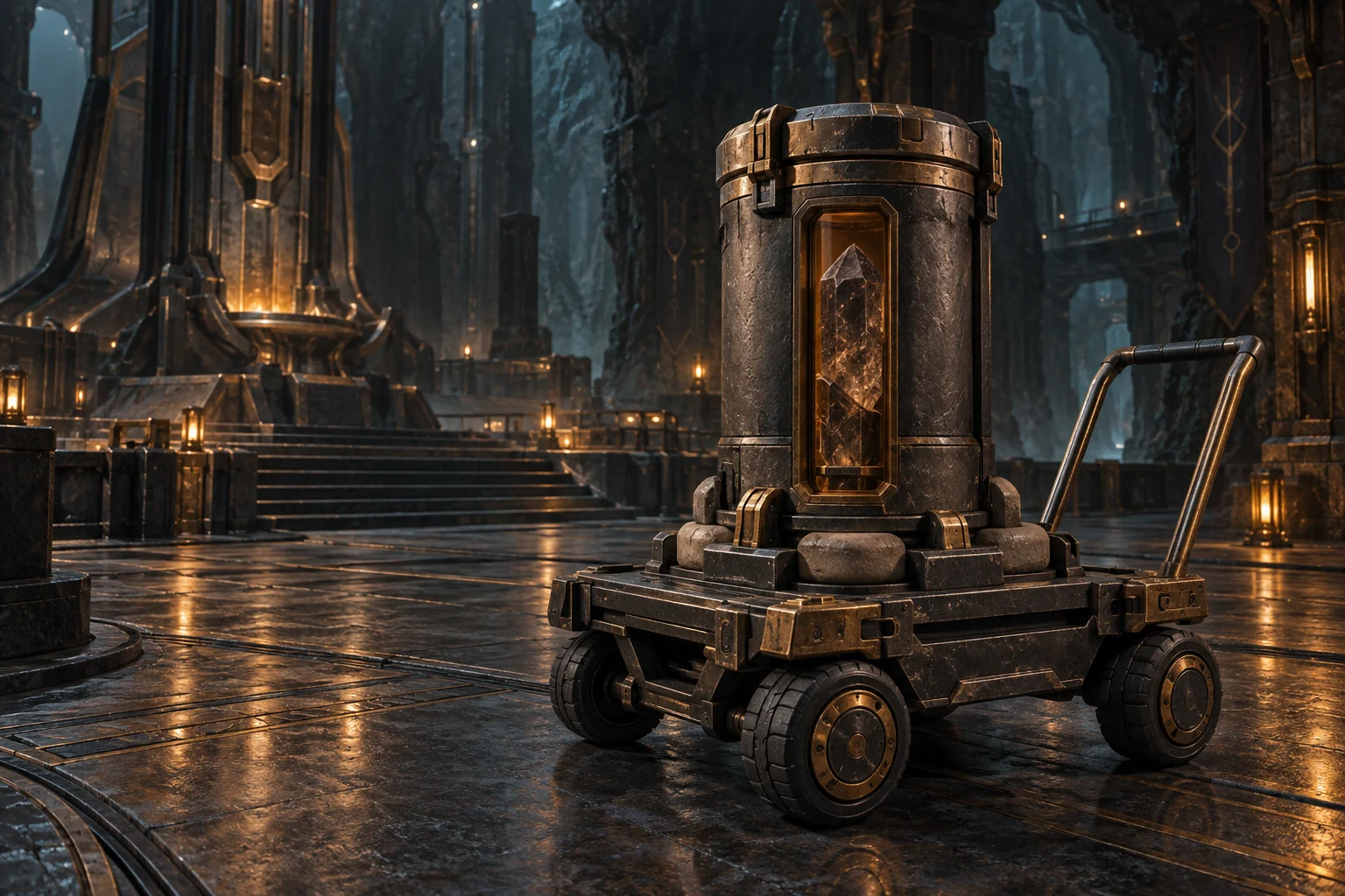 Compact crystalline core inside a containment cylinder on an isolated mobile cradle and armored cart