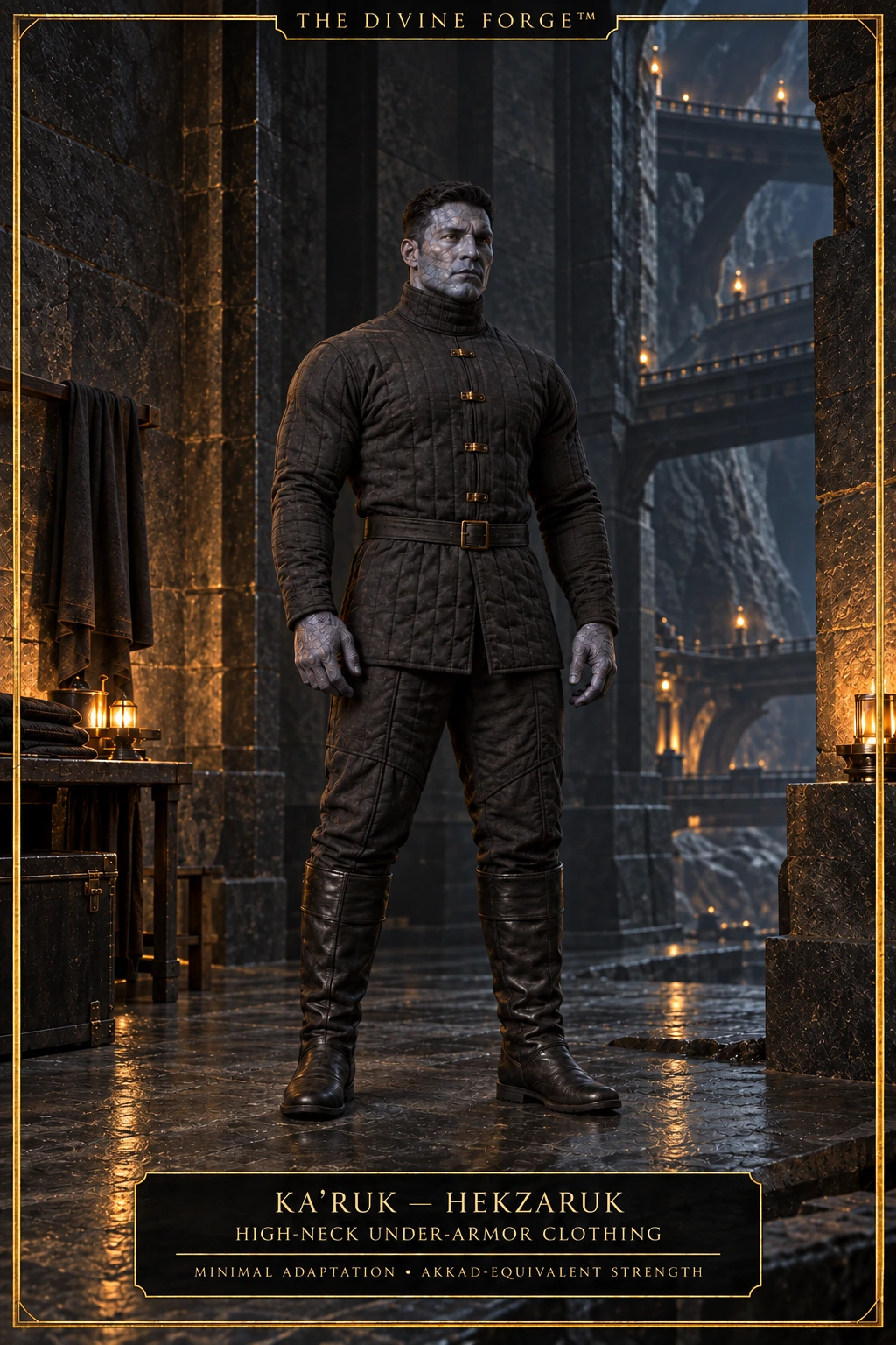 Robust blue-grey Hekzaruk Ka’Ruk in padded under-armor clothing with a high collar just beneath the jaw